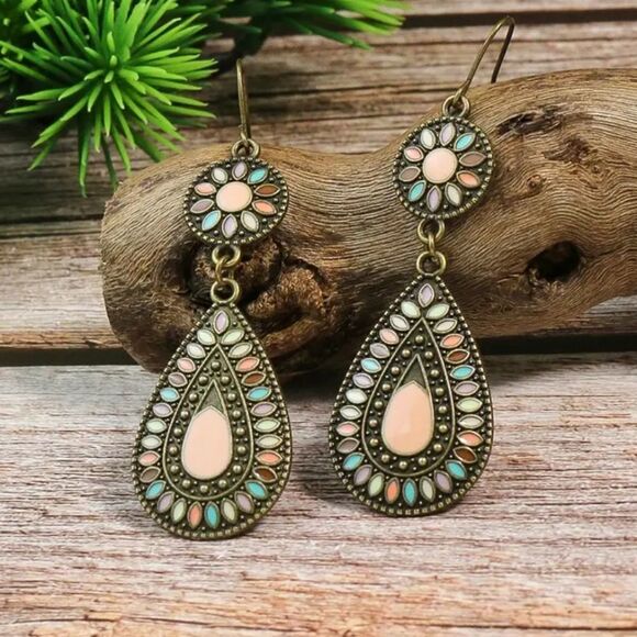 Bronze pastel earrings drop pear shape  multicolor bohemian jewelry - Picture 1 of 5